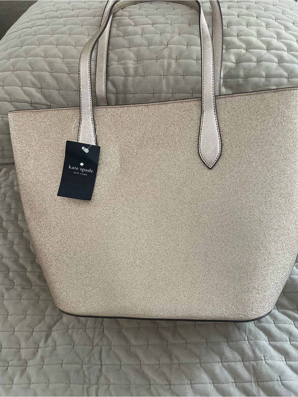 kate spade Metallic Champagne Glitter Tote with Cherry Charm